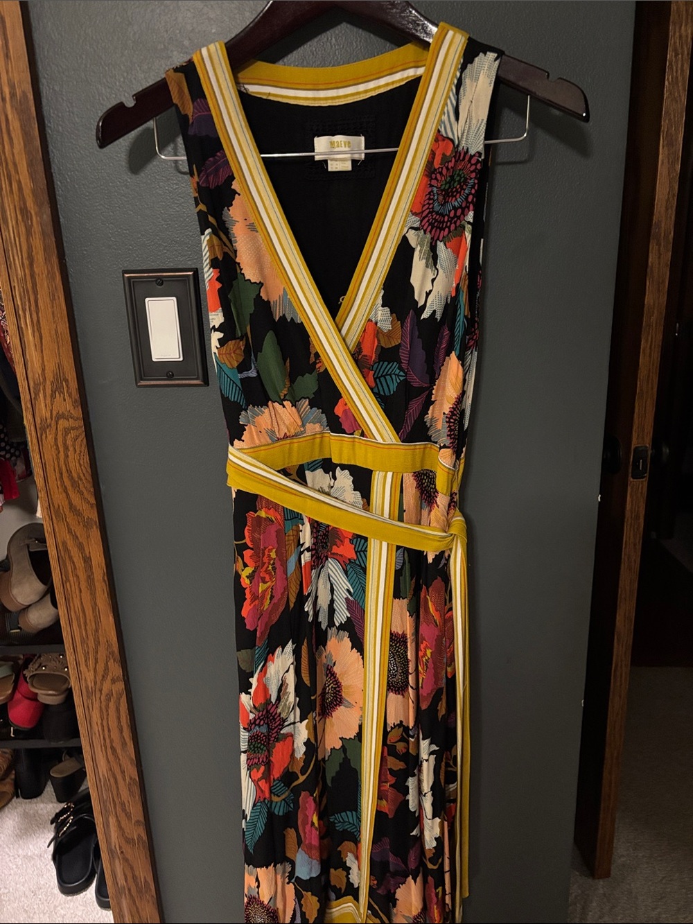 Maeve Black Floral Wrap Maxi Dress with Yellow Trim Accents
